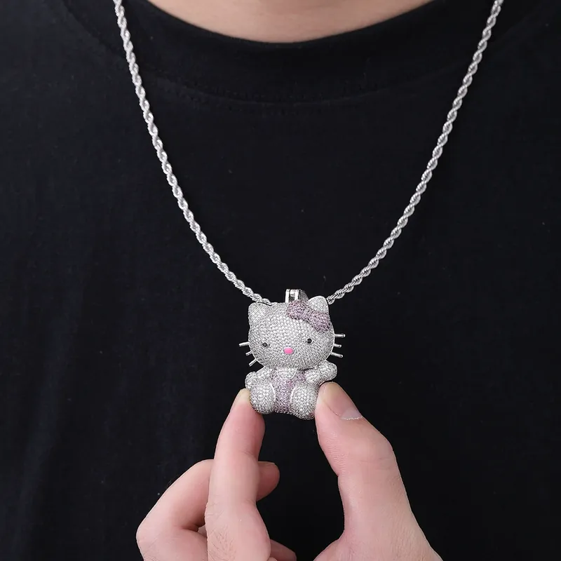 Cartoon Cat Bow Pendant Necklace Pink Zircon Women's