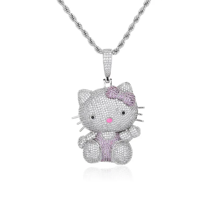 Cartoon Cat Bow Pendant Necklace Pink Zircon Women's