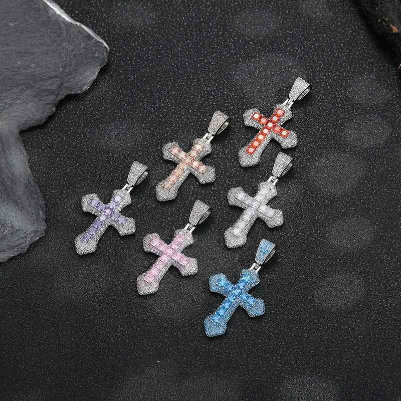 Colorful Zircon Cross Pendant Necklace Hip-Hop Unisex