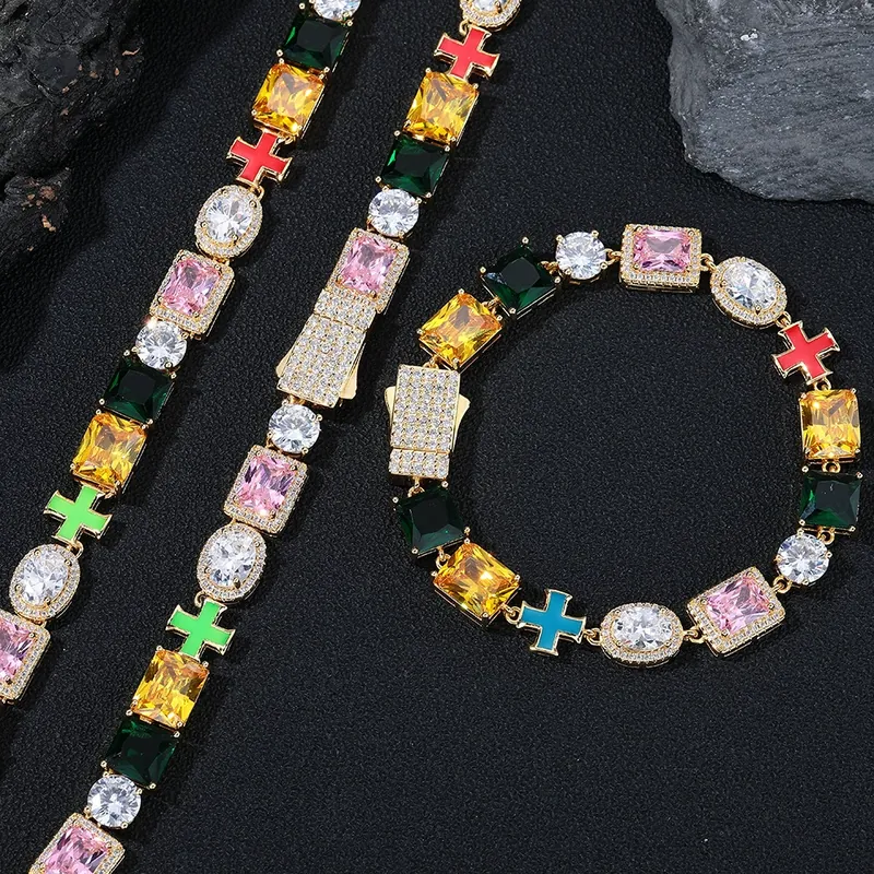 10mm Colorful Gemstone Cross Necklace Hip-Hop Zircon Unisex