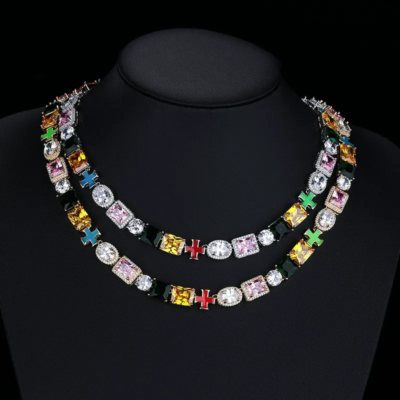 Collar Cruz de 10mm Piedras Preciosas Coloridas Hip-Hop Zirconio Unisex