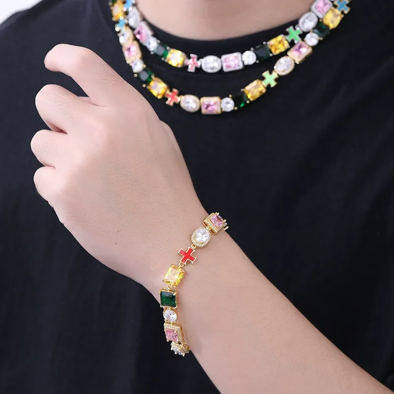 Collar Cruz de 10mm Piedras Preciosas Coloridas Hip-Hop Zirconio Unisex