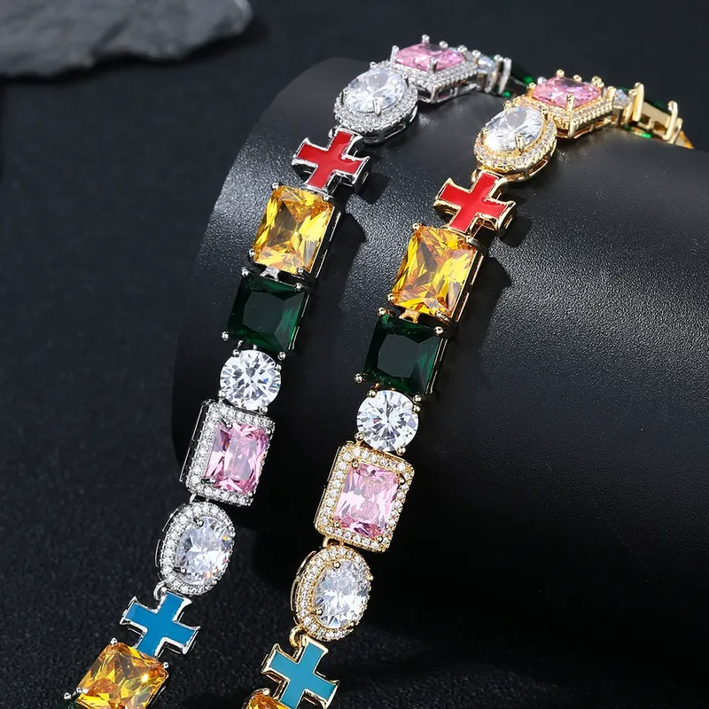 Collar Cruz de 10mm Piedras Preciosas Coloridas Hip-Hop Zirconio Unisex