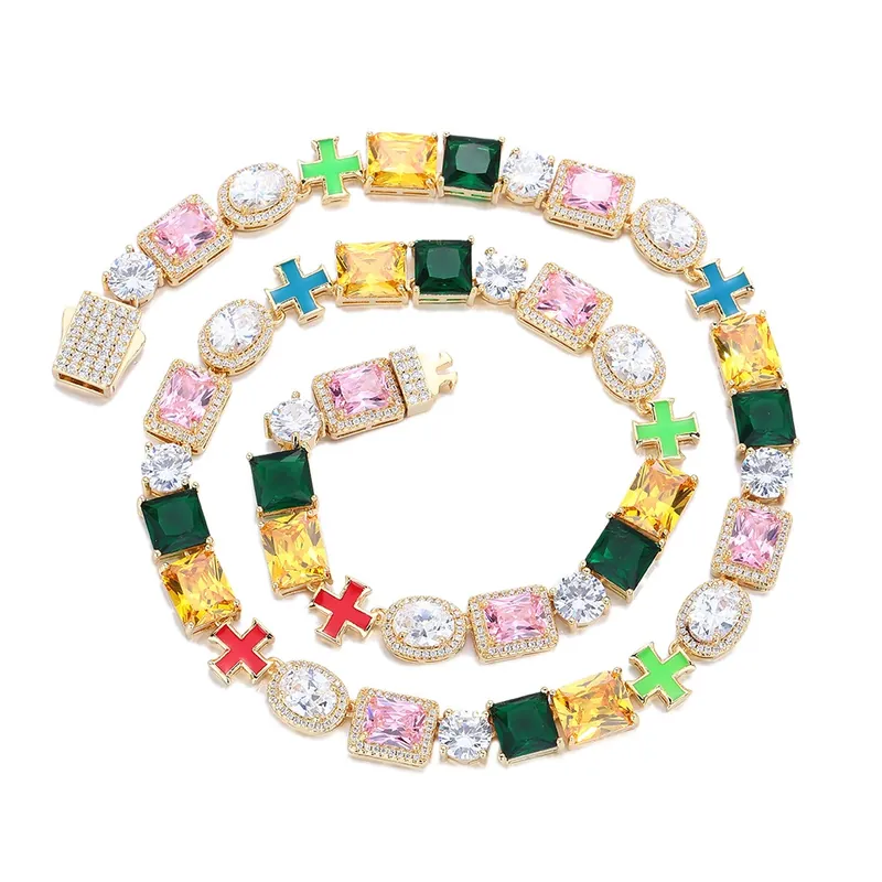 Collar Cruz de 10mm Piedras Preciosas Coloridas Hip-Hop Zirconio Unisex