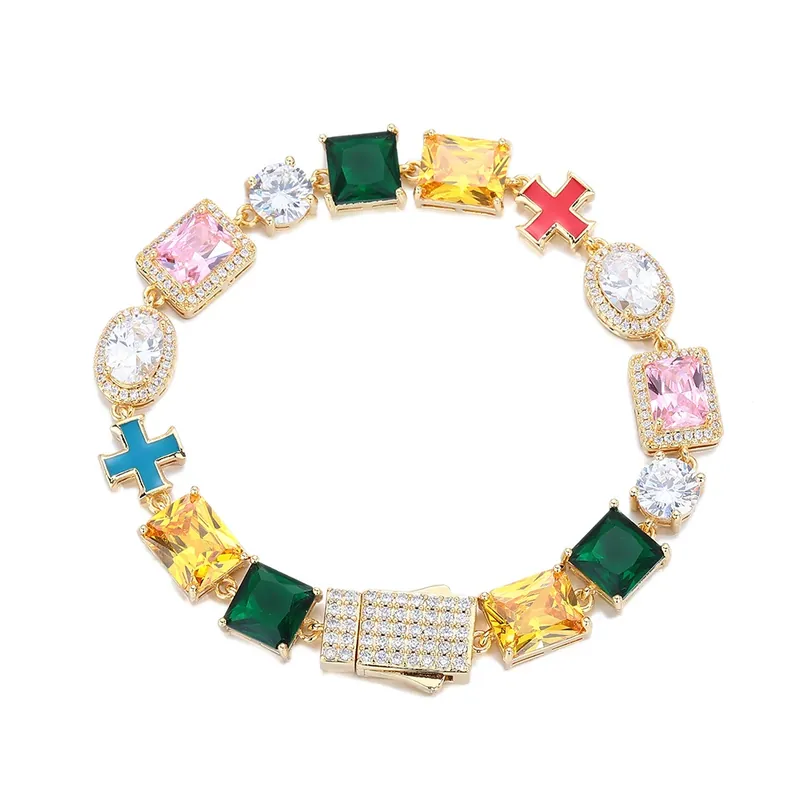 Collar Cruz de 10mm Piedras Preciosas Coloridas Hip-Hop Zirconio Unisex